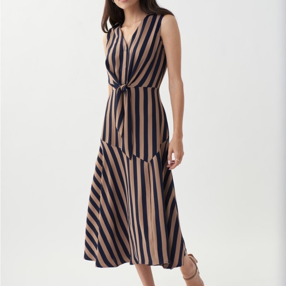 Joseph Ribkoff Midnight Blue and Beige Striped Midi Dress